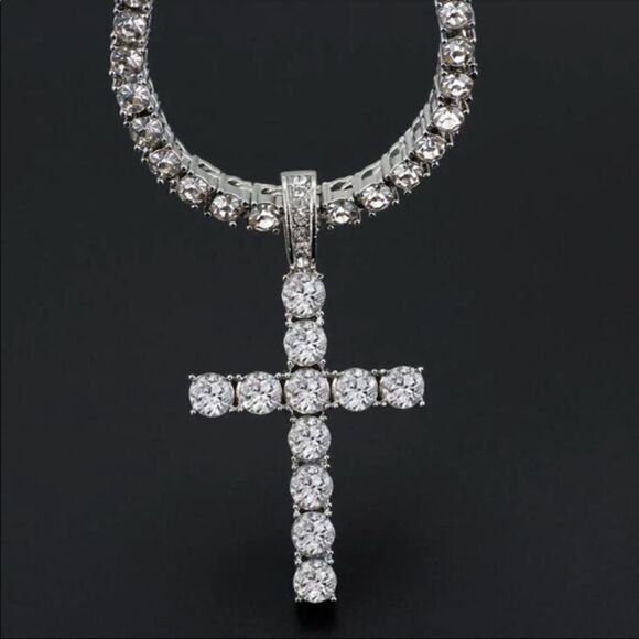 Cross Pendant Necklace with 4mm Tennis Chain Iced  Necklace Jewelry Silver chain - Picture 2 of 8